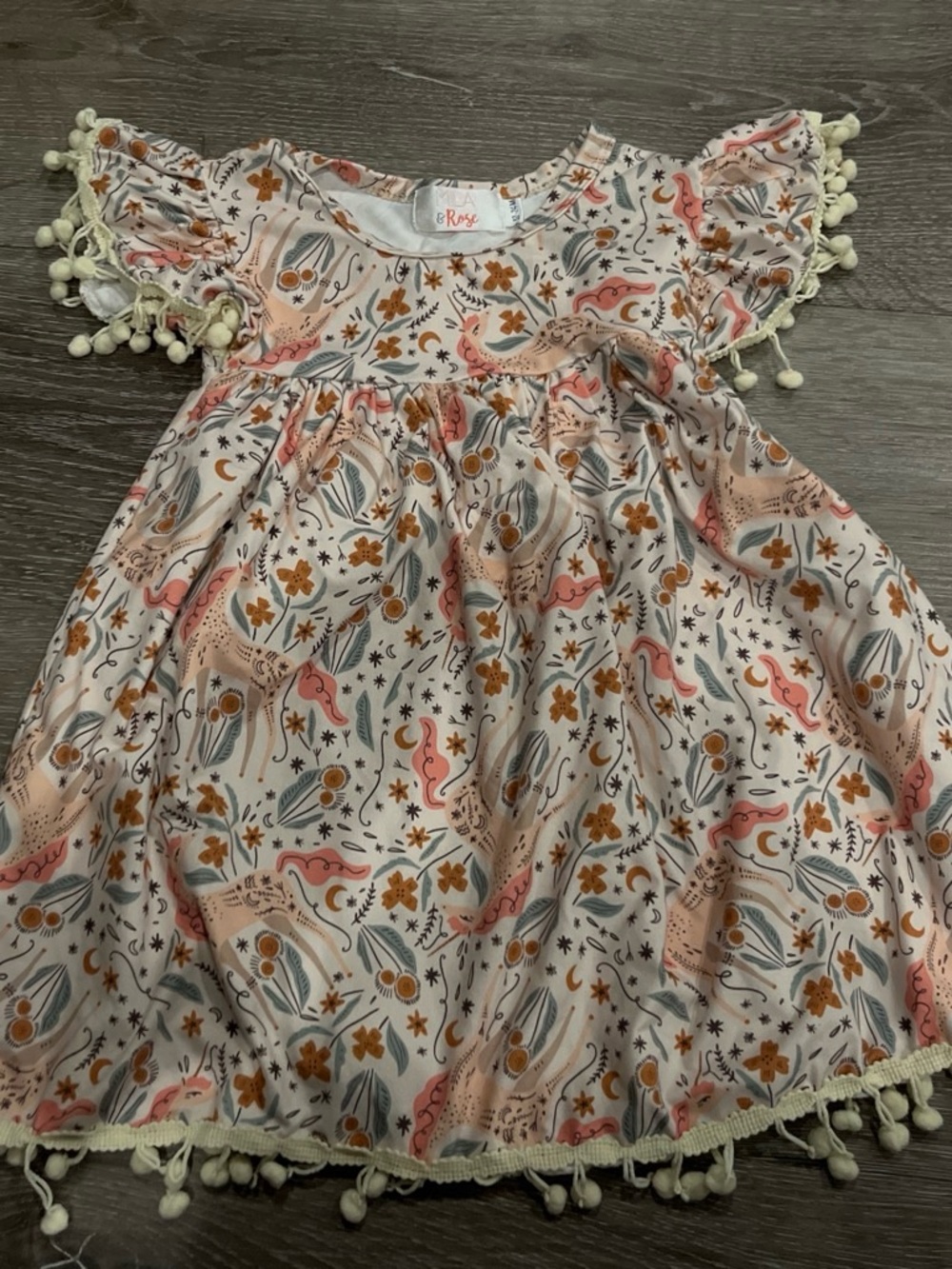 Girls Pink Floral & Unicorn Pom-Pom Dress